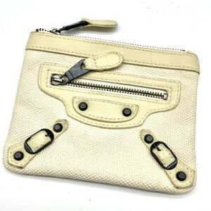 Balenciaga White Cream Canvas Zipper Coin Card Wallet Pouch Bag